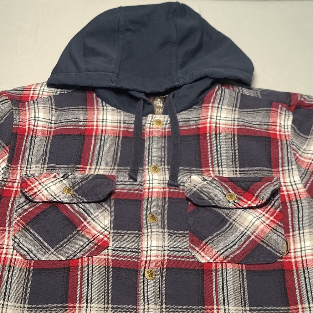 Legendary Outfitters Flannel Shirt Jacket Mens XL Red Navy Plaid Hooded Quilted
